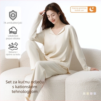 Ženski kućni set s ulošcima za prsa, jesensko-zimski tanak fleece, rever ovratnik, dugi rukavi i dugi hlače, opušten kroj, pogodan za nošenje izvan kuće