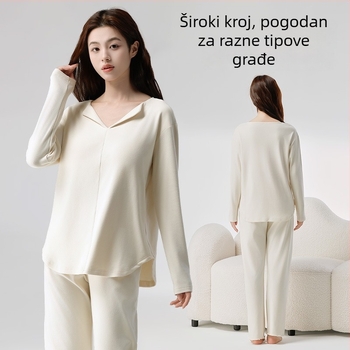 Ženski kućni set s ulošcima za prsa, jesensko-zimski tanak fleece, rever ovratnik, dugi rukavi i dugi hlače, opušten kroj, pogodan za nošenje izvan kuće