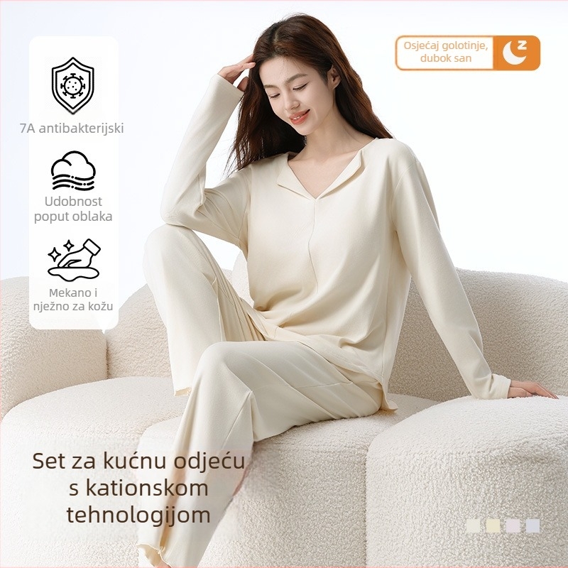 Ženski kućni set s ulošcima za prsa, jesensko-zimski tanak fleece, rever ovratnik, dugi rukavi i dugi hlače, opušten kroj, pogodan za nošenje izvan kuće