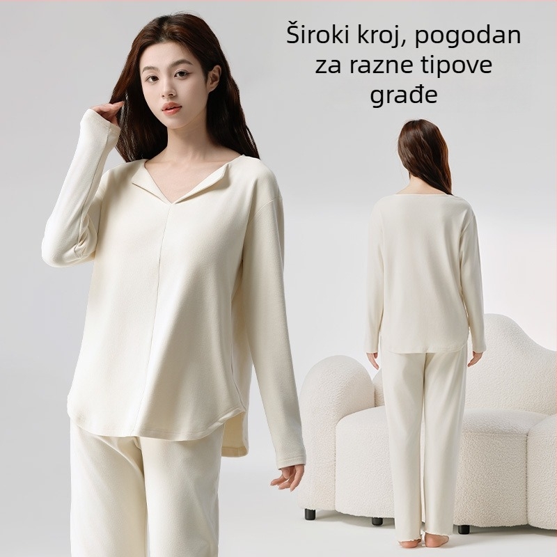 Ženski kućni set s ulošcima za prsa, jesensko-zimski tanak fleece, rever ovratnik, dugi rukavi i dugi hlače, opušten kroj, pogodan za nošenje izvan kuće