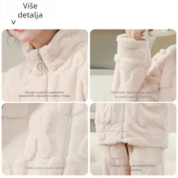 Unisex komplet pidžama od flanelnog pliša s kapuljačom i zipom, stojeći ovratnik, za jesen-zimu
