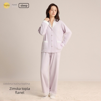 Ženski pidžama set za jesen/zimu, korejski stil, minimalistički dizajn, debeli topli materijal, dugi rukavi i hlače, udobna kućna odjeća