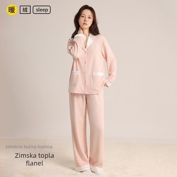 Ženski pidžama set za jesen/zimu, korejski stil, minimalistički dizajn, debeli topli materijal, dugi rukavi i hlače, udobna kućna odjeća