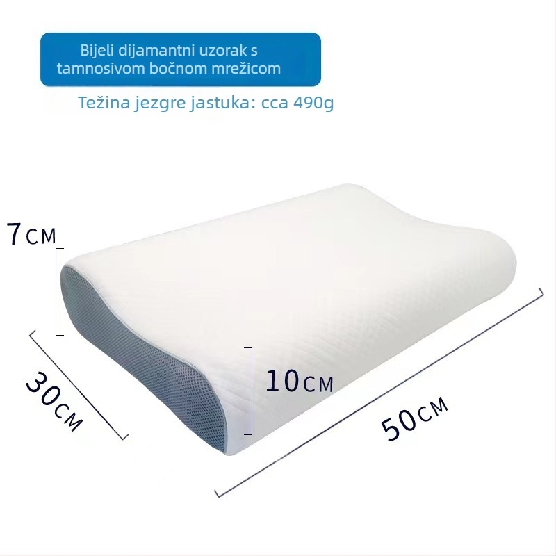 Jastuk za vrat od memorijske pjene, u valovitoj i leptirovoj formi, prozračan, dimenzije 60×35×9/11 cm.