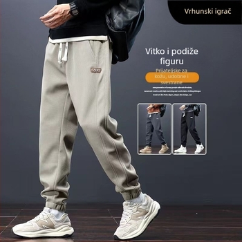 Muške casual hlače s flisom, opuštenog kroja, jogger stil, korejskog stila, jesen-zima 2025, svestrane sportske hlače