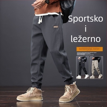 Muške casual hlače s flisom, opuštenog kroja, jogger stil, korejskog stila, jesen-zima 2025, svestrane sportske hlače