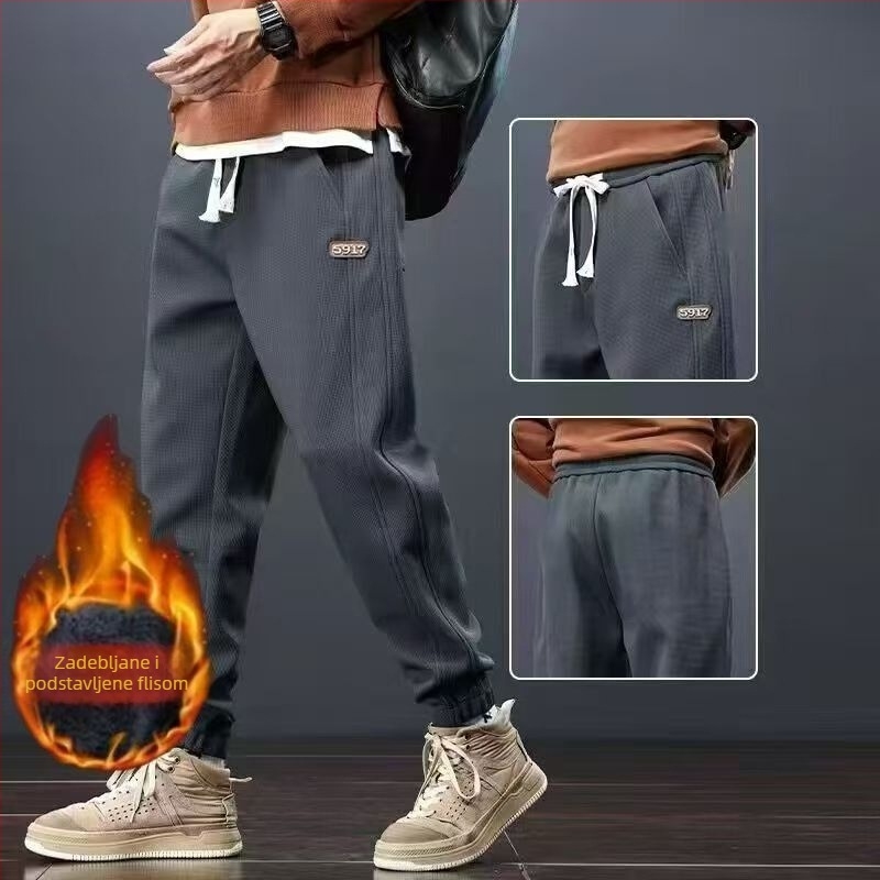 Muške casual hlače s flisom, opuštenog kroja, jogger stil, korejskog stila, jesen-zima 2025, svestrane sportske hlače