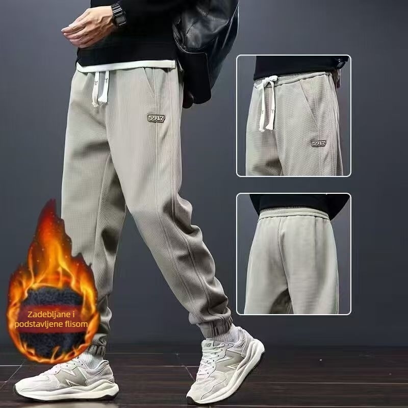 Muške casual hlače s flisom, opuštenog kroja, jogger stil, korejskog stila, jesen-zima 2025, svestrane sportske hlače