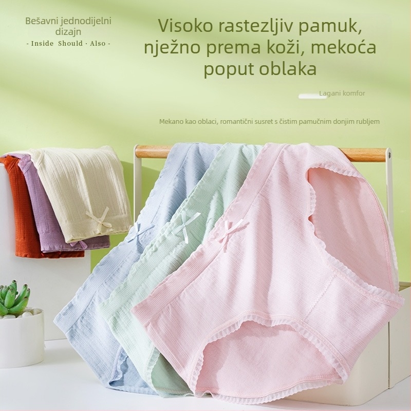 Ženske pamukaste gaćice srednje visine, s čipkom, antibakterijska posteljom u preponama, bezšivne, motiv jednoroga, japanski stil