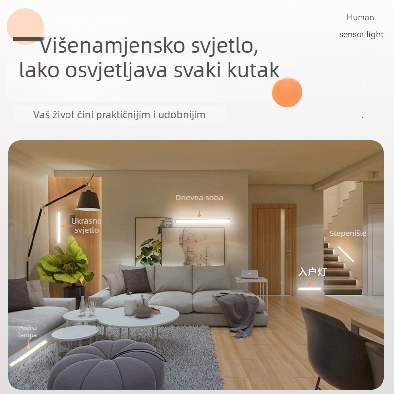 Noćna LED lampica sa senzorom pokreta, punjiva, s podesivom jačinom, osvjetljenje ormara i hodnika, LED