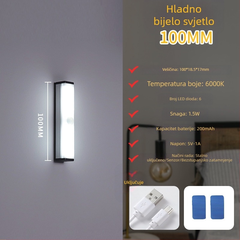 Noćna LED lampica sa senzorom pokreta, punjiva, s podesivom jačinom, osvjetljenje ormara i hodnika, LED