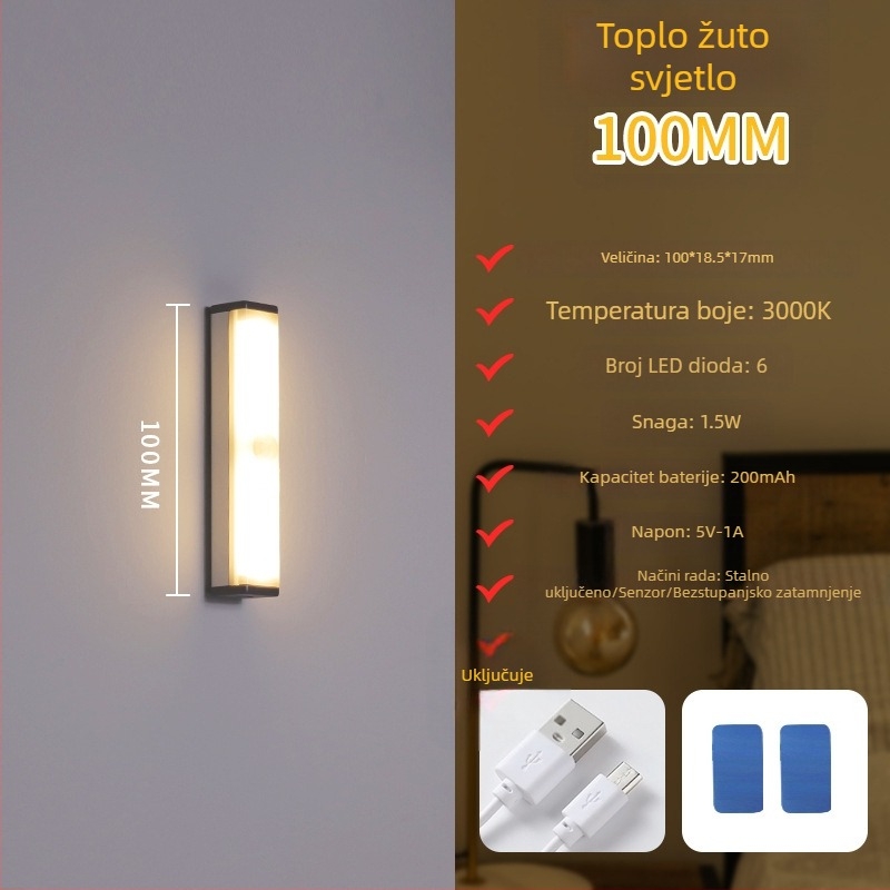Noćna LED lampica sa senzorom pokreta, punjiva, s podesivom jačinom, osvjetljenje ormara i hodnika, LED
