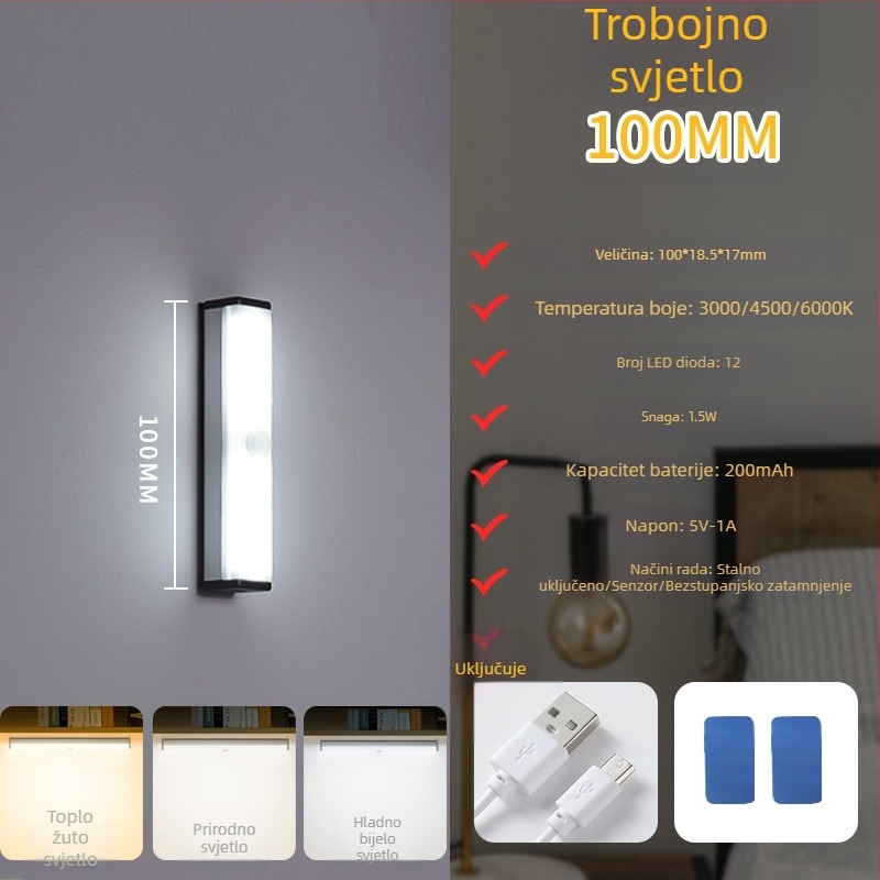 Noćna LED lampica sa senzorom pokreta, punjiva, s podesivom jačinom, osvjetljenje ormara i hodnika, LED