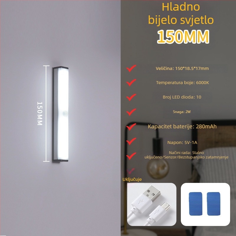 Noćna LED lampica sa senzorom pokreta, punjiva, s podesivom jačinom, osvjetljenje ormara i hodnika, LED