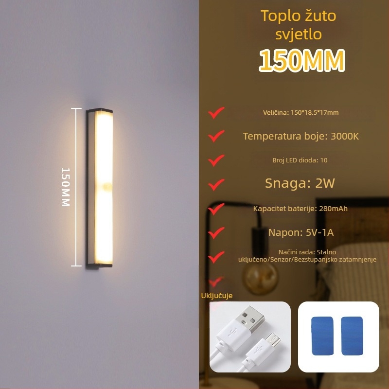 Noćna LED lampica sa senzorom pokreta, punjiva, s podesivom jačinom, osvjetljenje ormara i hodnika, LED