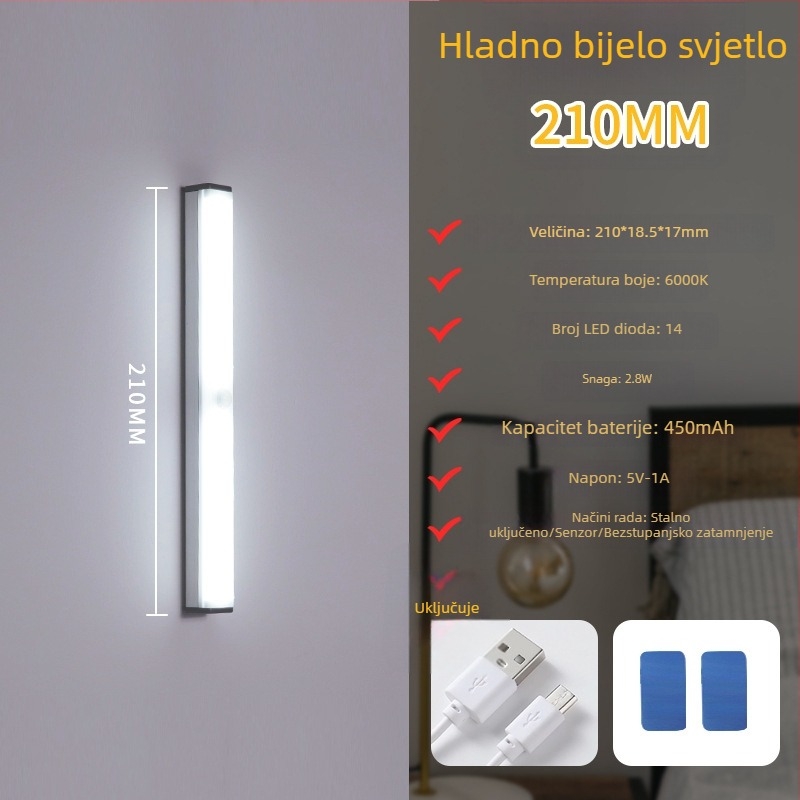 Noćna LED lampica sa senzorom pokreta, punjiva, s podesivom jačinom, osvjetljenje ormara i hodnika, LED