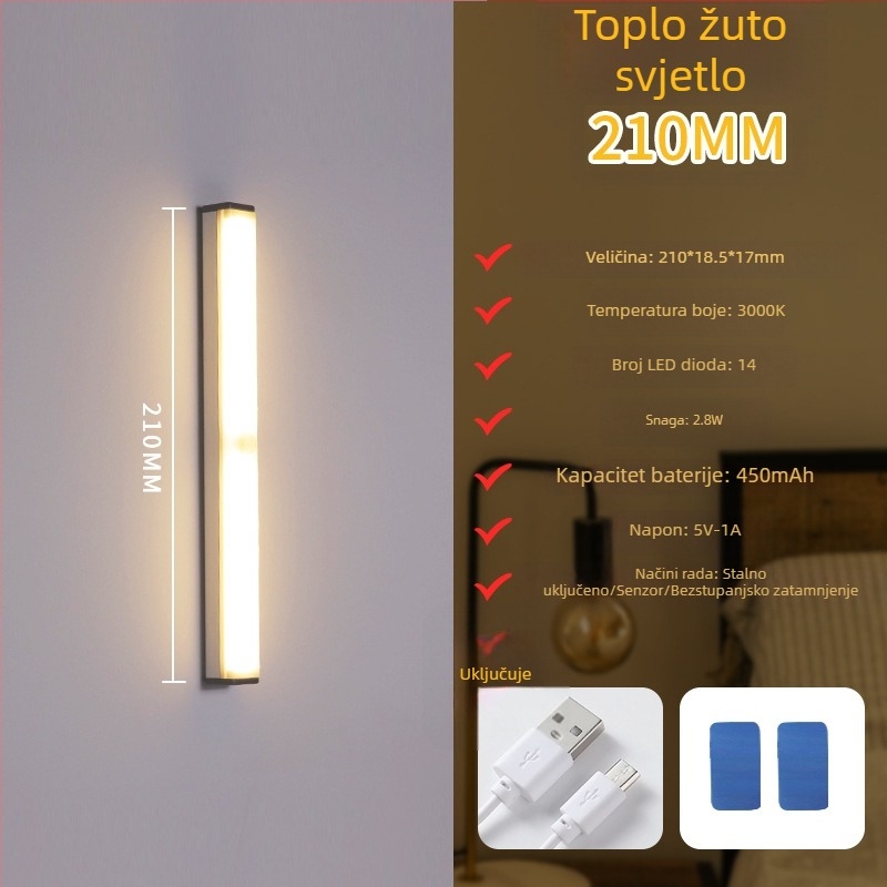 Noćna LED lampica sa senzorom pokreta, punjiva, s podesivom jačinom, osvjetljenje ormara i hodnika, LED