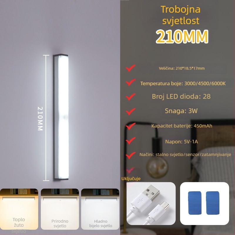 Noćna LED lampica sa senzorom pokreta, punjiva, s podesivom jačinom, osvjetljenje ormara i hodnika, LED