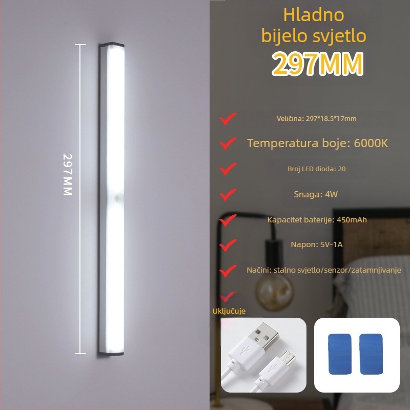 Noćna LED lampica sa senzorom pokreta, punjiva, s podesivom jačinom, osvjetljenje ormara i hodnika, LED