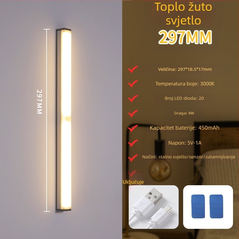 Noćna LED lampica sa senzorom pokreta, punjiva, s podesivom jačinom, osvjetljenje ormara i hodnika, LED