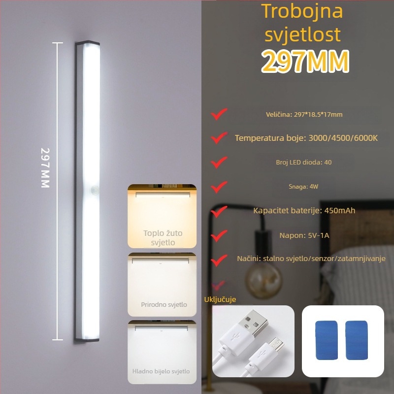 Noćna LED lampica sa senzorom pokreta, punjiva, s podesivom jačinom, osvjetljenje ormara i hodnika, LED