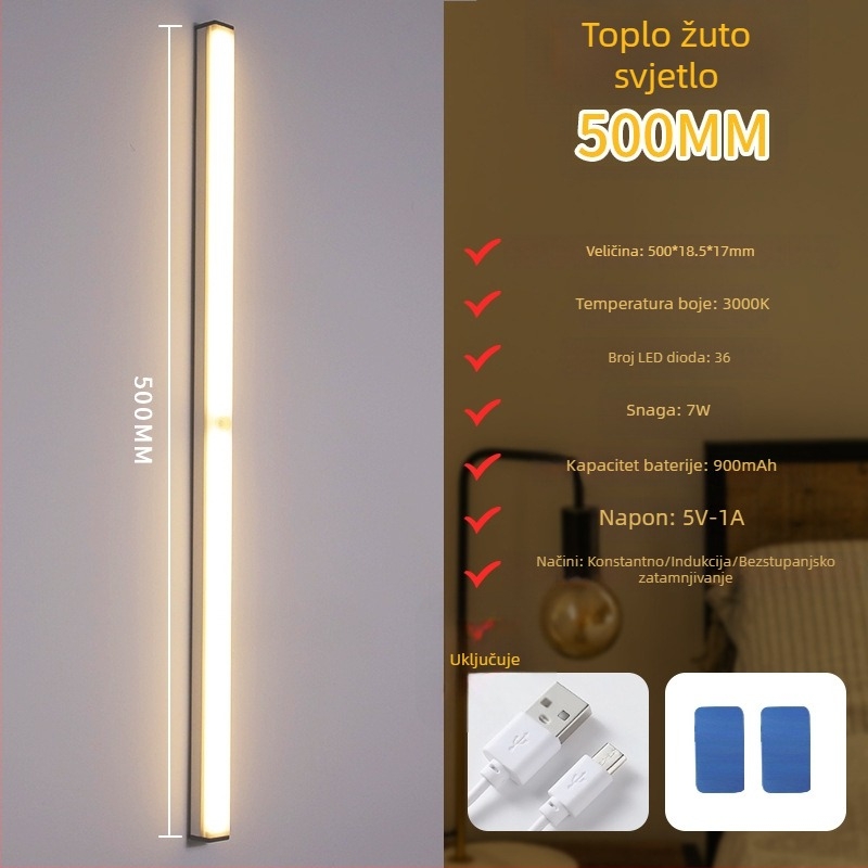 Noćna LED lampica sa senzorom pokreta, punjiva, s podesivom jačinom, osvjetljenje ormara i hodnika, LED