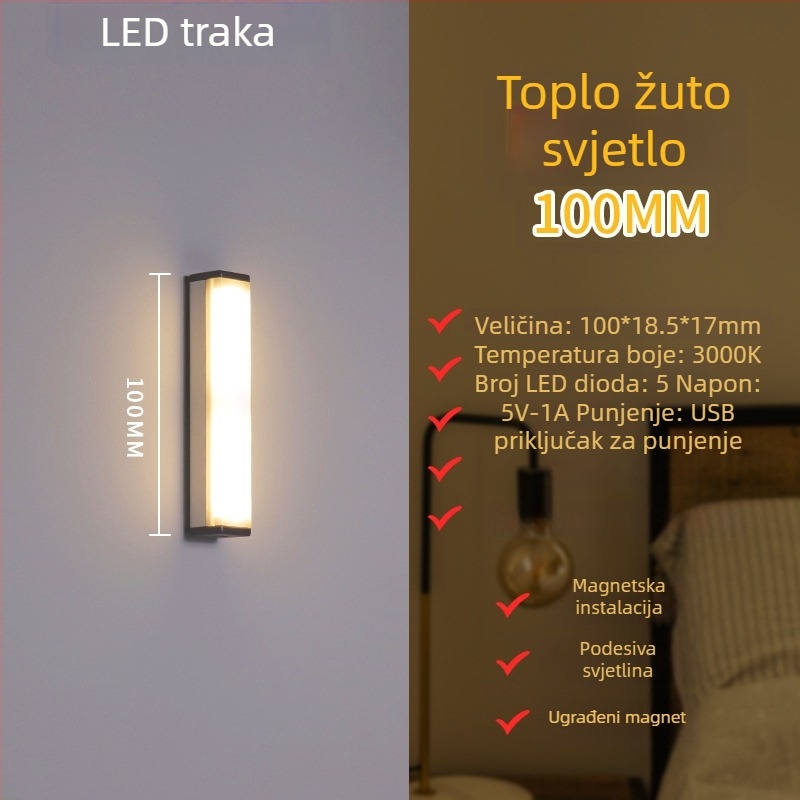 Noćna LED lampica sa senzorom pokreta, punjiva, s podesivom jačinom, osvjetljenje ormara i hodnika, LED