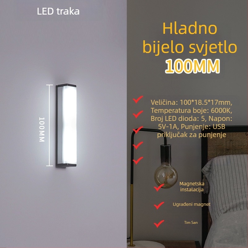 Noćna LED lampica sa senzorom pokreta, punjiva, s podesivom jačinom, osvjetljenje ormara i hodnika, LED