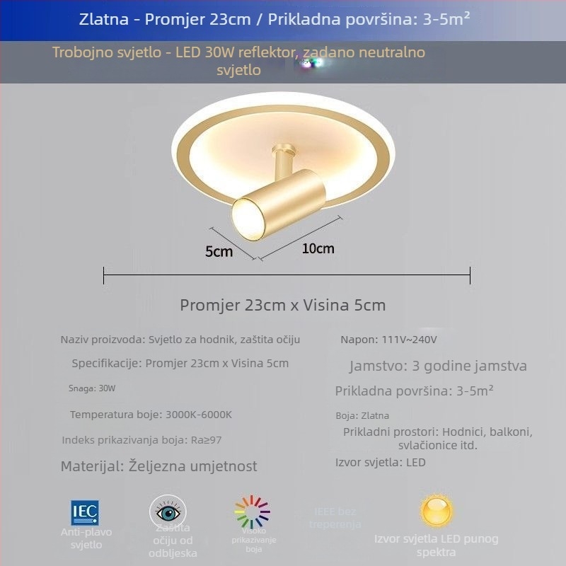 Senzorsko stropno svjetlo za hodnik, moderno minimalističko LED svjetlo za površinsku montažu, rotirajući spot