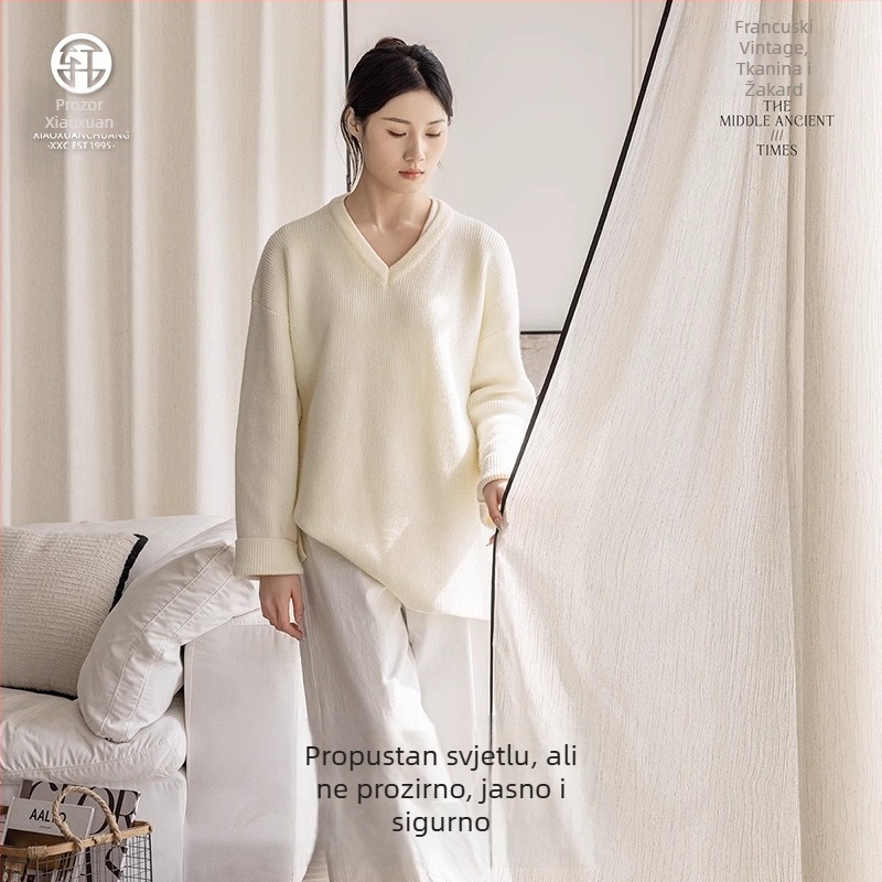 Kremasta lanena zavjesa u japanskom stilu s prirodnim drvenim izgledom, crna rubna linija, prozirna mrežasta zavjesa za dnevnu sobu i balkon