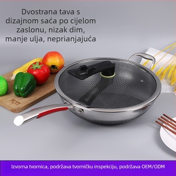 Domaći wok od 304 nehrđajućeg čelika, bez premaza, unutrašnjost s honeycomb uzorkom, neprijanjajuća površina, pogodan za plin i indukcijsku ploču