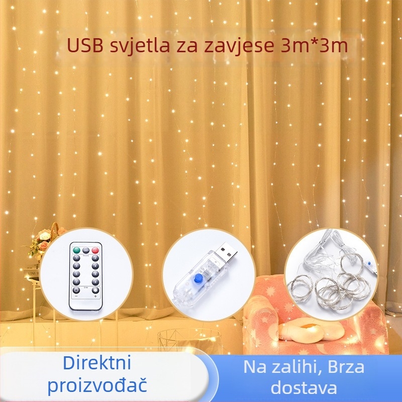 Zavjese LED svjetla od bakrenog žice, 300 LED, 3×3 m, USB, daljinsko upravljanje s osam funkcija, vanjske vodootporne božićne lampice