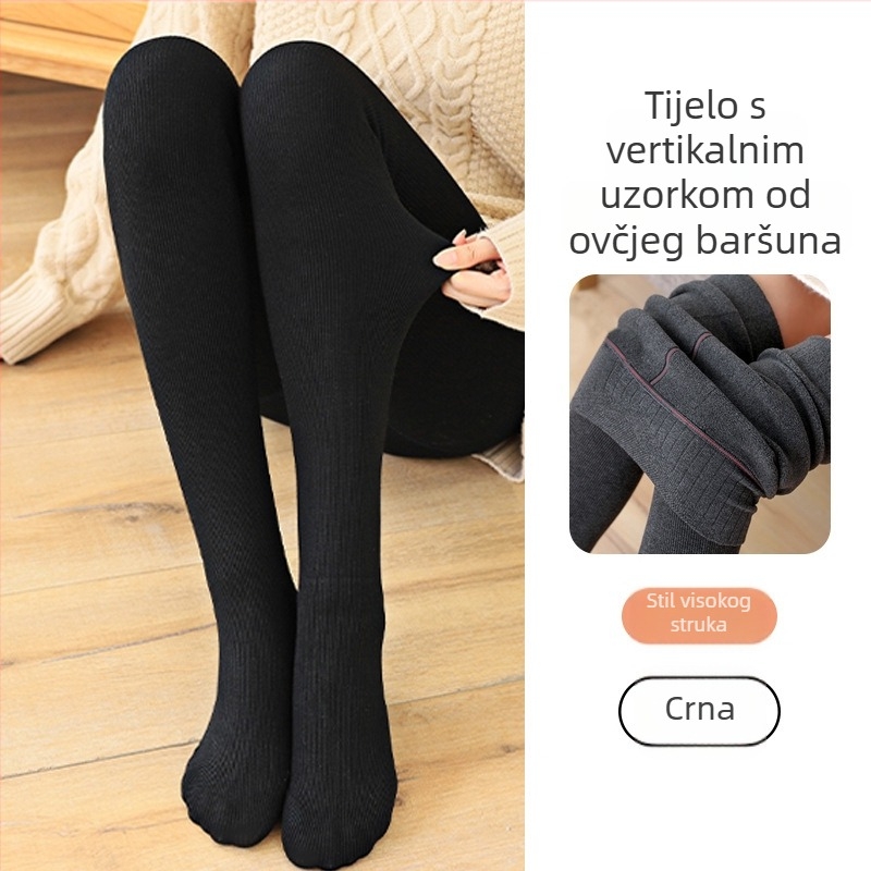 Ženske čarape s vertikalnim prugama, do prstiju, debele, tople pamučne čarape s fleece podstavom, ribasti uzorak, u jednoj komadi