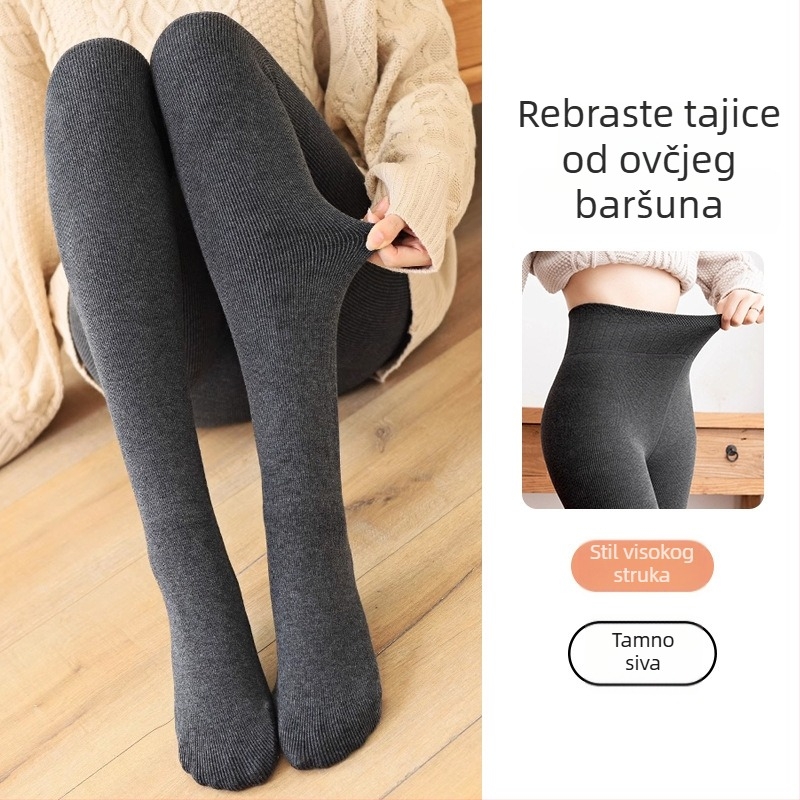 Ženske čarape s vertikalnim prugama, do prstiju, debele, tople pamučne čarape s fleece podstavom, ribasti uzorak, u jednoj komadi