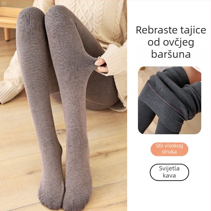 Ženske čarape s vertikalnim prugama, do prstiju, debele, tople pamučne čarape s fleece podstavom, ribasti uzorak, u jednoj komadi