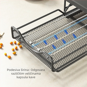 Polica za skladištenje 50 kapsula kave na kuhinjskom pultu, s prilagodljivim ladicama i debelim okvirom