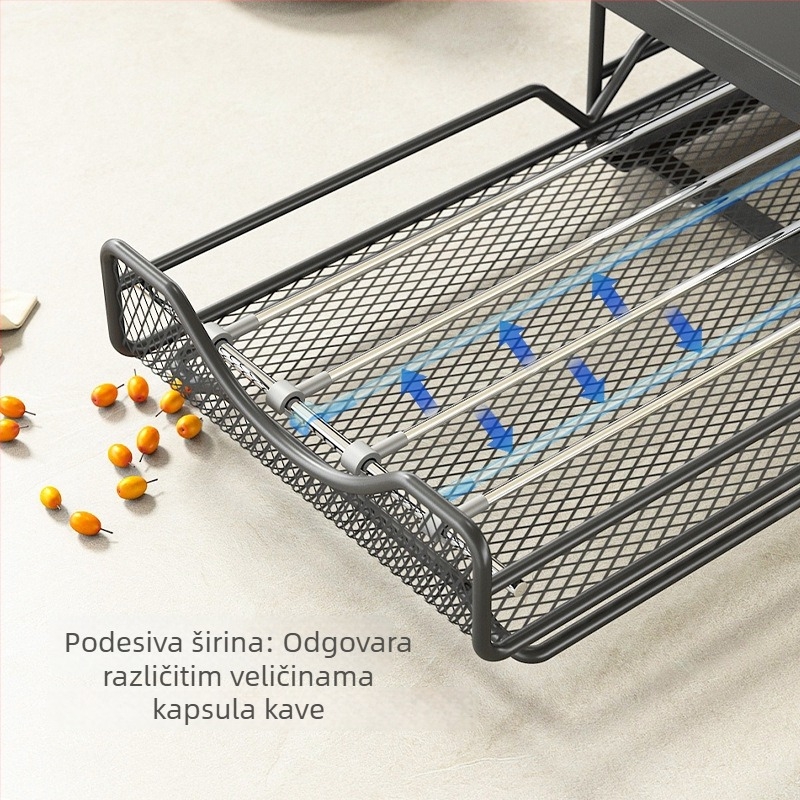 Polica za skladištenje 50 kapsula kave na kuhinjskom pultu, s prilagodljivim ladicama i debelim okvirom