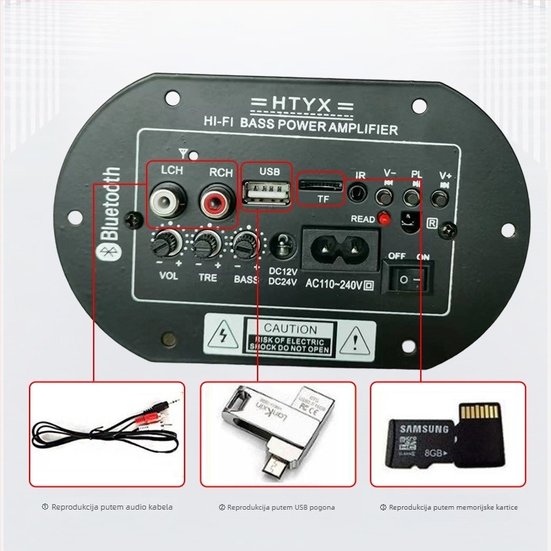 Cilindrična Bluetooth ploča pojačala za subwoofer, kućnu i automobilsku upotrebu, 6/8/10 inča, 12V/24V/220V, audio matična ploča