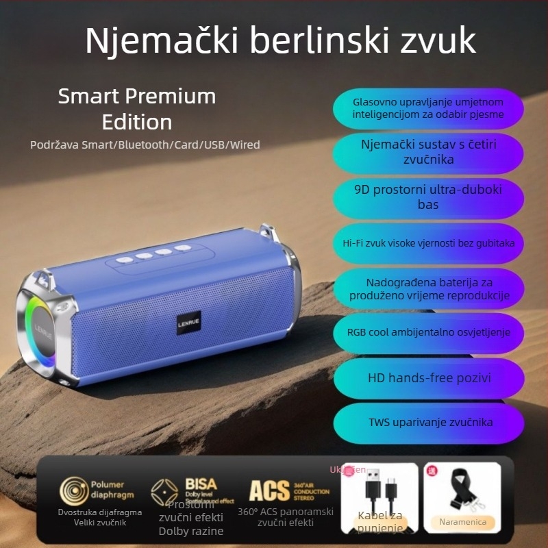 Bluetooth stereo zvučnik sa dva zvučnika, duboki bas, utor za karticu, prijenosan s dugim trajanjem baterije