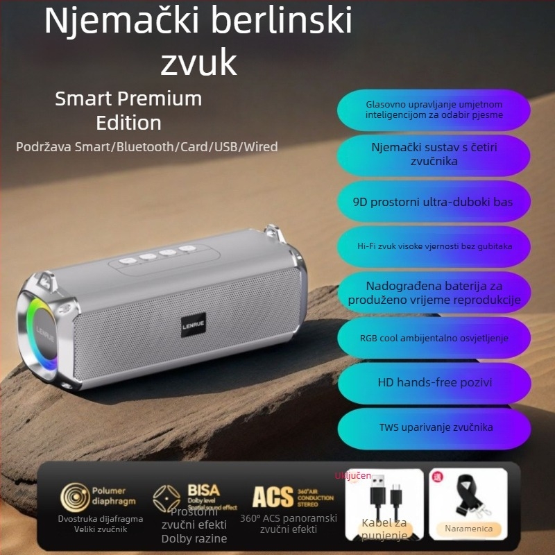 Bluetooth stereo zvučnik sa dva zvučnika, duboki bas, utor za karticu, prijenosan s dugim trajanjem baterije