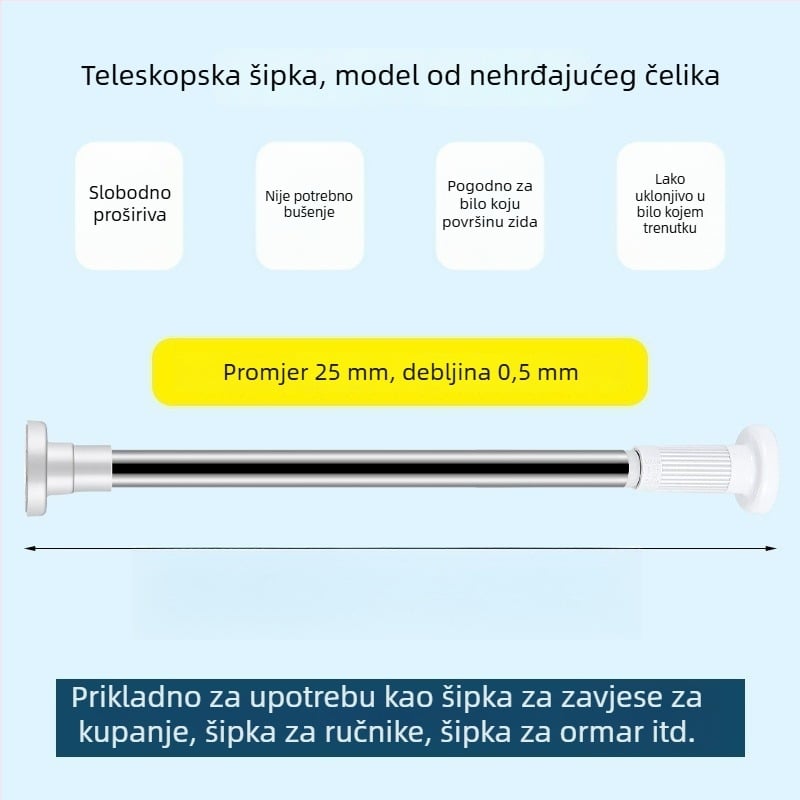 Teleskopni rod zavjesa od nehrđajućeg čelika, bez bušenja, rod za sušenje rublja, šipka za tuš zavjesu, podrška garderobe, pregradni štap za spavaću sobu