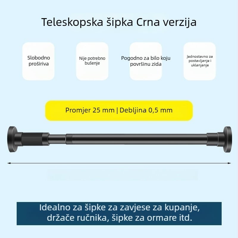 Teleskopni rod zavjesa od nehrđajućeg čelika, bez bušenja, rod za sušenje rublja, šipka za tuš zavjesu, podrška garderobe, pregradni štap za spavaću sobu