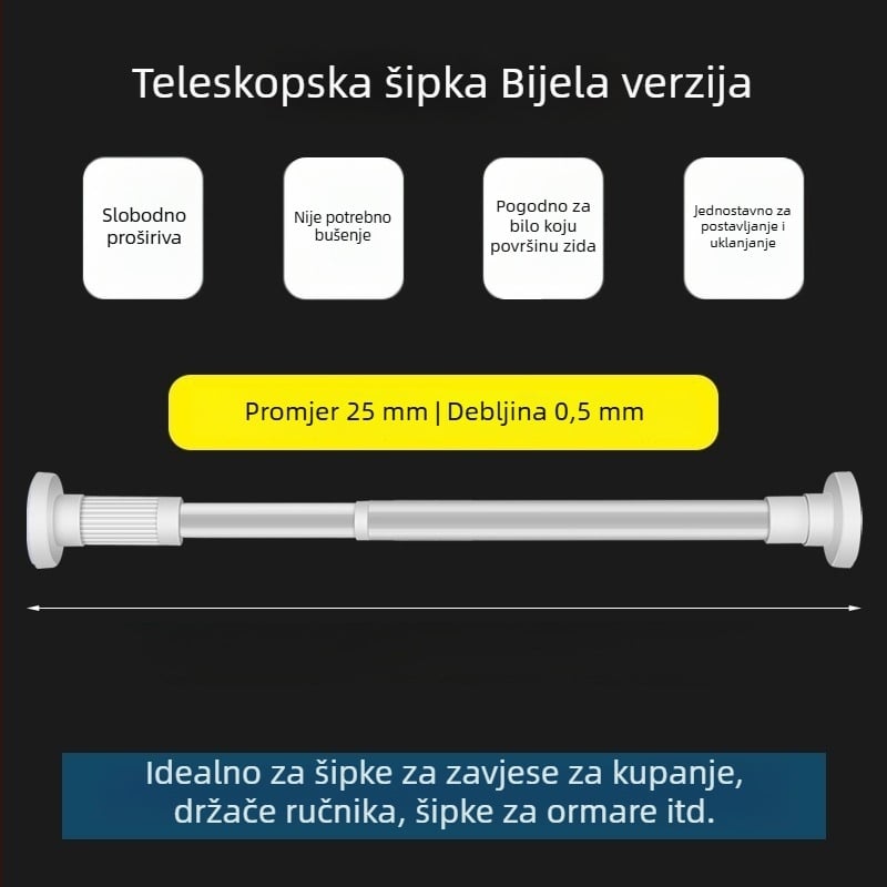 Teleskopni rod zavjesa od nehrđajućeg čelika, bez bušenja, rod za sušenje rublja, šipka za tuš zavjesu, podrška garderobe, pregradni štap za spavaću sobu
