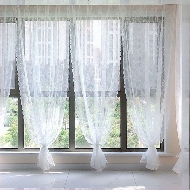 Korejski stil pastoralno bijele čipkaste prozirne zavjese za dnevni boravak, balkon i kutni prozor — zavjese za šipku