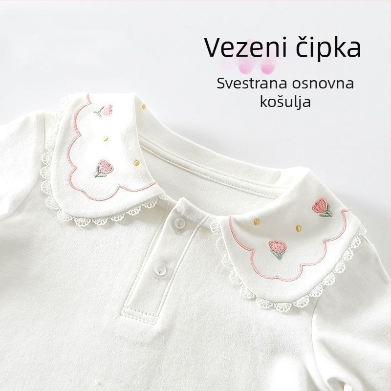 Dječja jednobojna polo majica s ovratnikom za proljeće i jesen, bijela pamučna majica dugih rukava za djevojčice, srednje i veće veličine