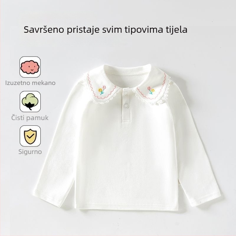 Dječja jednobojna polo majica s ovratnikom za proljeće i jesen, bijela pamučna majica dugih rukava za djevojčice, srednje i veće veličine
