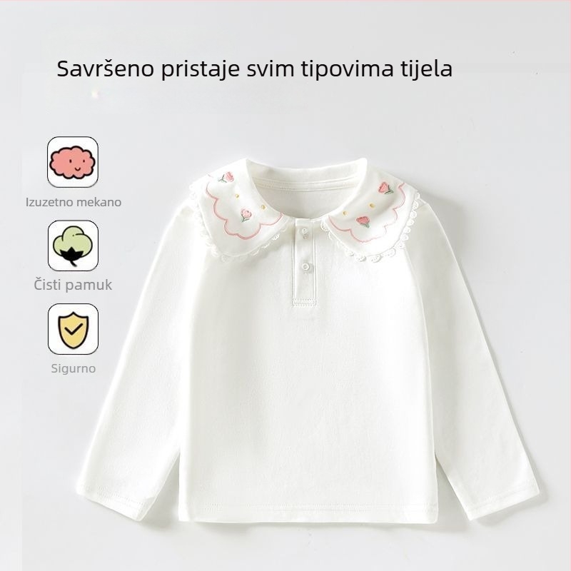 Dječja jednobojna polo majica s ovratnikom za proljeće i jesen, bijela pamučna majica dugih rukava za djevojčice, srednje i veće veličine