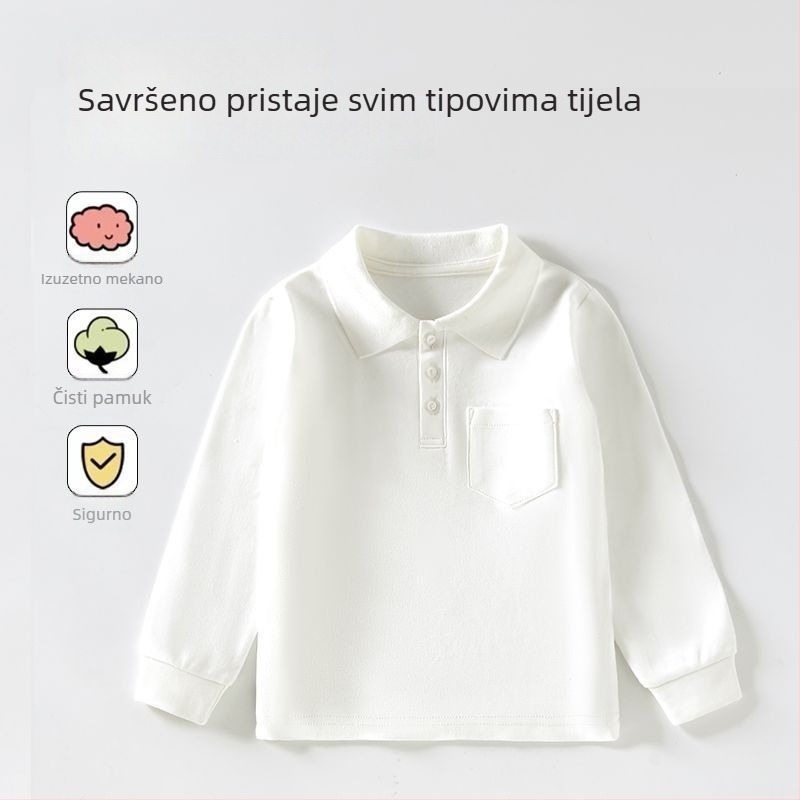 Dječja jednobojna polo majica s ovratnikom za proljeće i jesen, bijela pamučna majica dugih rukava za djevojčice, srednje i veće veličine