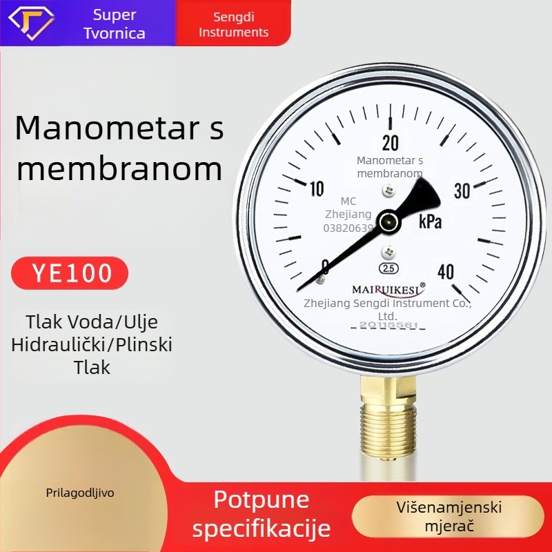 YE100 plamenik tlakomjer s prozirnim smolastim poklopcem, točnost 2.5, M20×1.5 spoj, promjer 100 mm, raspon -100 do 100 kPa