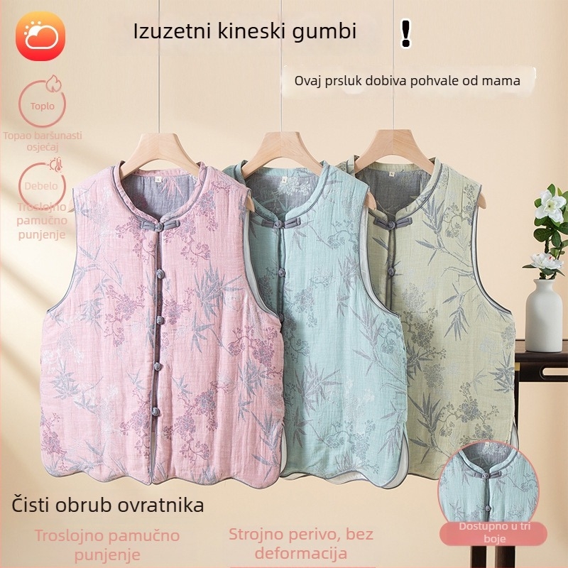 Cottononi ženska vesta u kineskom stilu, trostruko prošivena, za jesen i zimu, debela, može se nositi i izvan